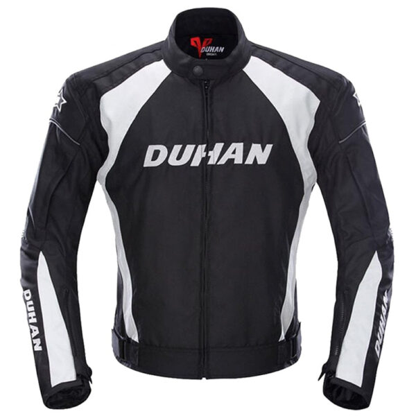 veste moto textile avec bandes blanches